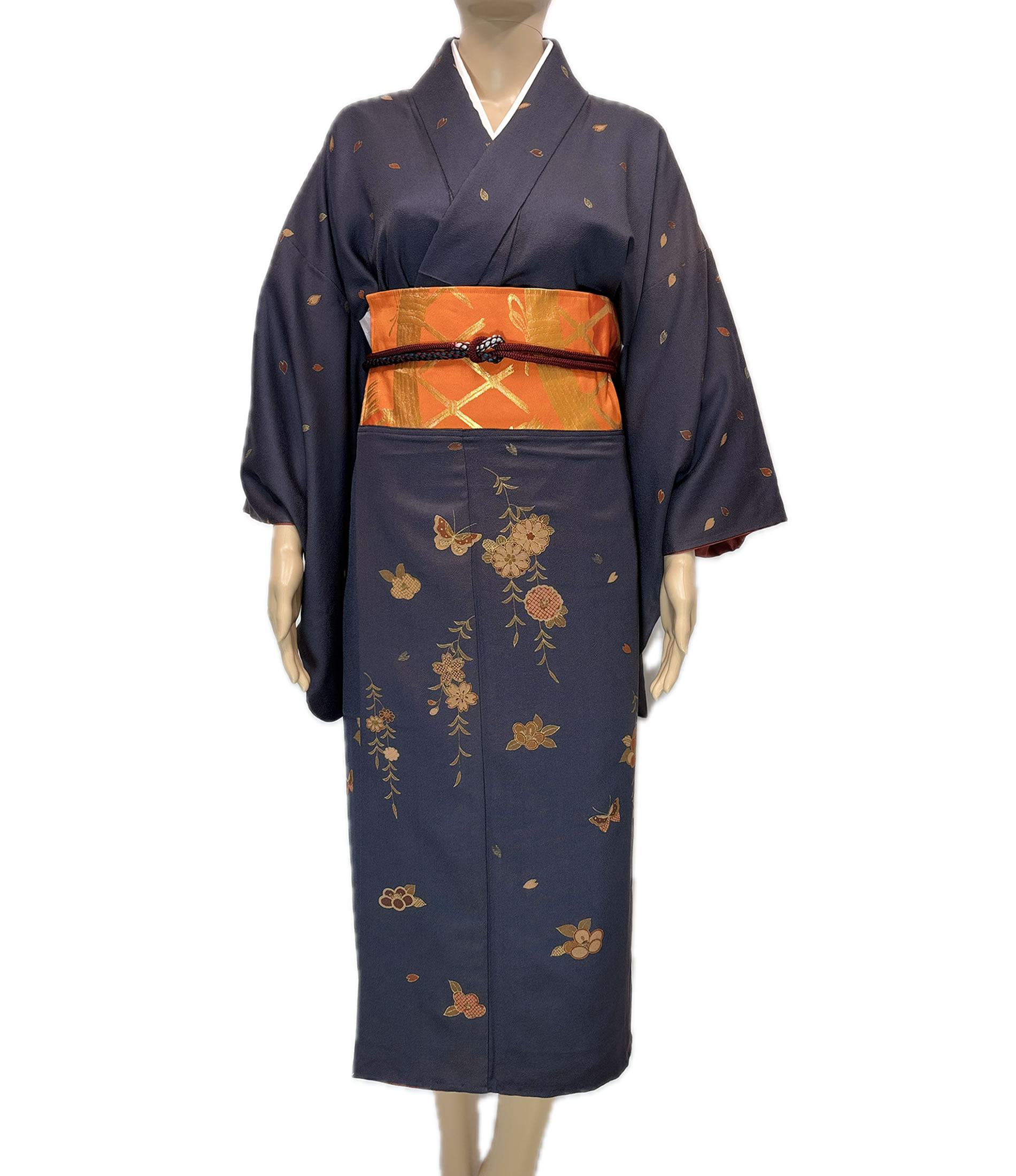 藍に舞う花蝶の訪問着 Indigo Homongi with Flowers and Butterflies