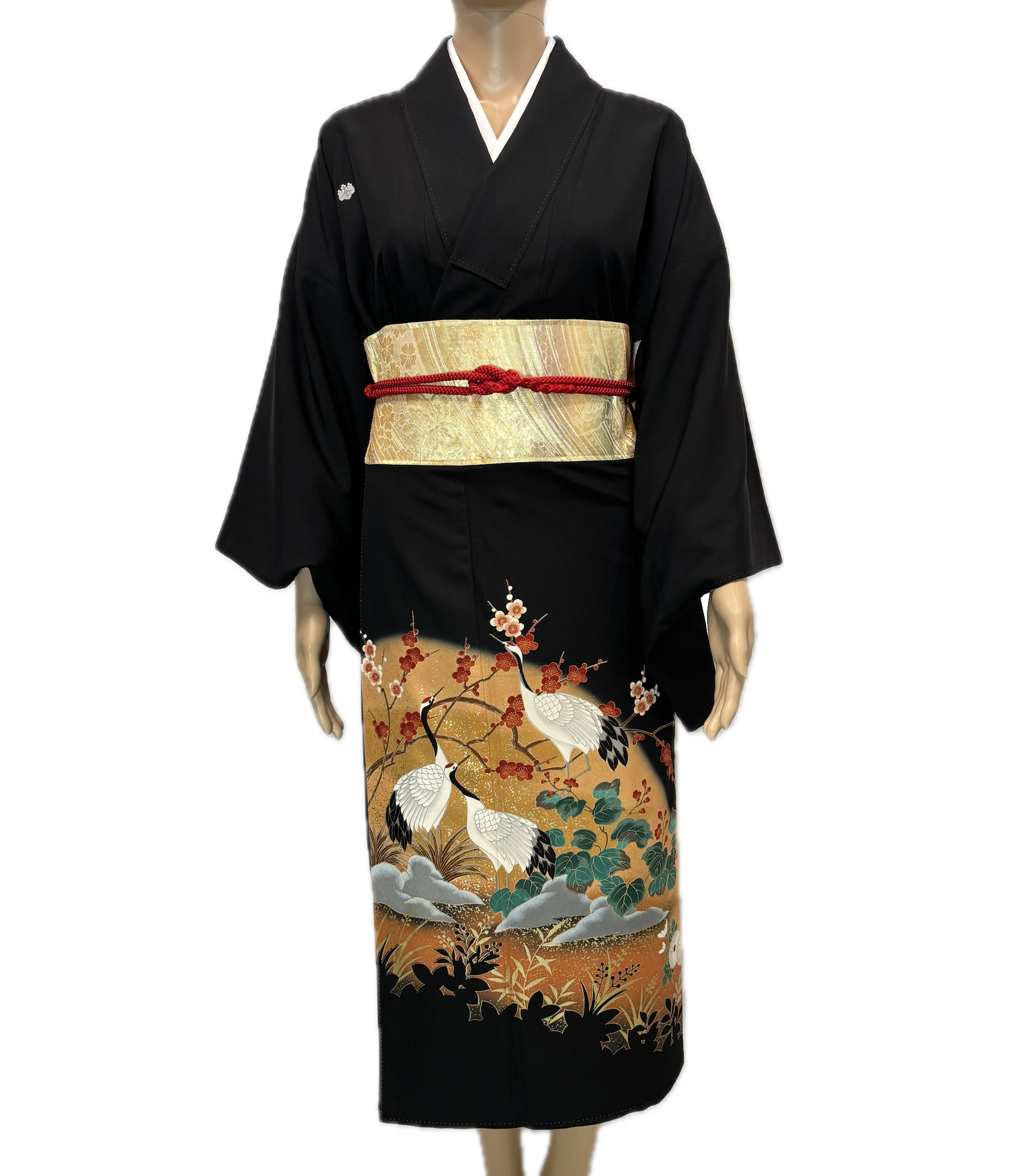 鶴と松の慶び黒留袖 Black Tomesode with Cranes and Pines