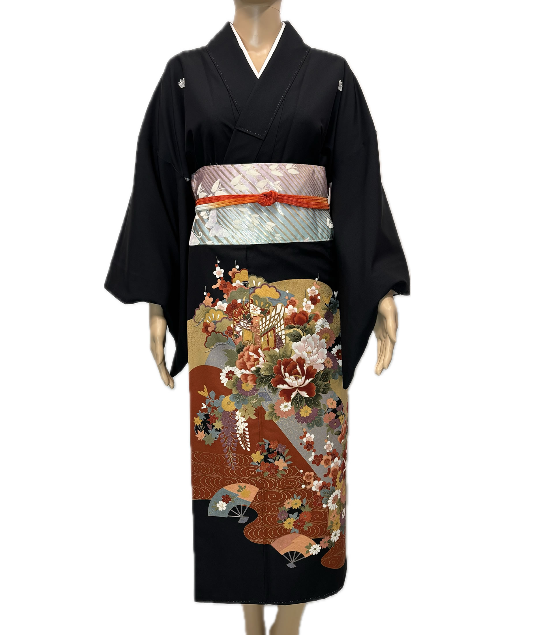 扇面に花咲く慶祝の黒 Festive Black with Fans and Floral Carts